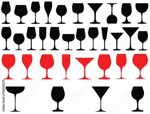 Silhouettes various alcohol cocktail glasses bar set. Black Isolated Glasses of wine, glasses of beer, bar bottles and shot glasses