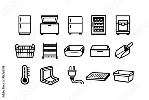 Home cold storage appliances: refrigerator, freezer chest, mini fridge, wine cooler, ice maker, freezer basket, shelf rack, door bin, storage drawer