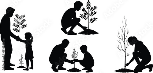 Family tree planting silhouettes set, parents and children gardening activity, environmental conservation and sustainability concept, eco friendly lifestyle, vector illustration collection