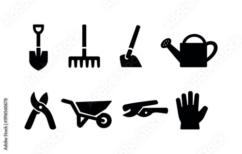 Gardening tools: shovel, rake, hoe, trowel, watering can, pruner, wheelbarrow, glove