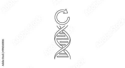 A black line art DNA double helix structure is topped with a circular arrow representing genetic research and regeneration, Generative AI.