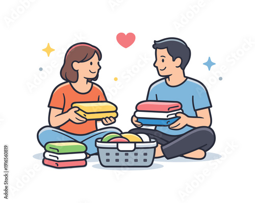Everyday family routine showing care through simple shared household activity, two adults folding clothes together beside a small laundry basket
