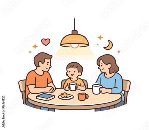 Family evening routine focused on presence and simple shared moments at home after daily activities, a round dining table with two adults and a child
