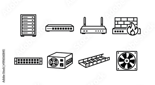 Service infrastructure hardware in linear style: server rack, network switch, router, firewall appliance, patch panel, power supply, cable tray