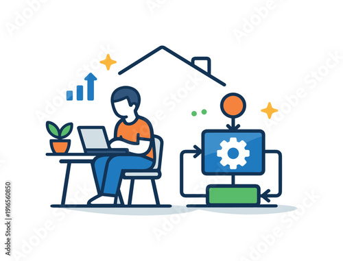One person operators and solo founders running fully automated businesses with AI managing repetitive tasks, a compact home workspace icon with a