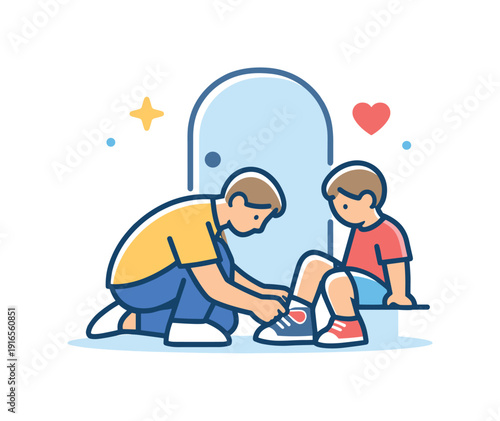 Everyday family care expressed through simple supportive action in daily life at home, a parent gently helping a child tie shoelaces near a simple