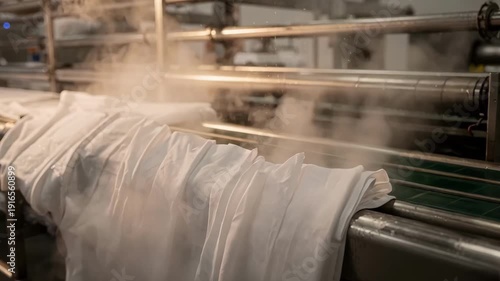 Industrial linen washing line steamed softening process in medium shot emphasizing moisture and heat treatment that revitalizes fabric softness and suppleness.