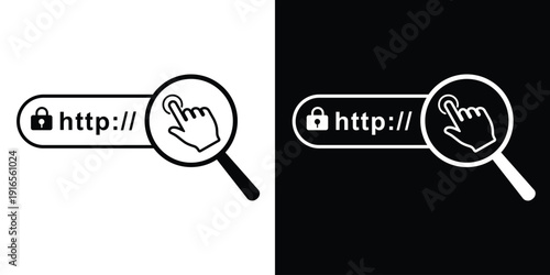 Secure web search engine icon with lock symbol and solid hand pointer. Graphic for encrypted browsing, data privacy, and website exploration.