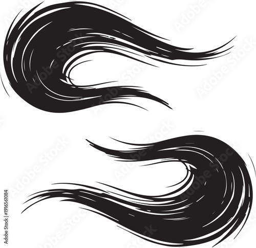 Two abstract swirling brush strokes or paint smears, creating dynamic wavy shapes. a black and white vector design element.