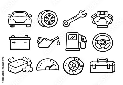 Car repair and maintenance hand-drawn outline icons set. Automotive service doodle collection.