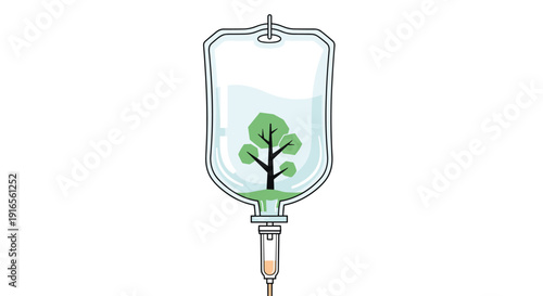 A transparent IV drip bag containing clear liquid and a vibrant green tree growing from the bottom, Generative AI.
