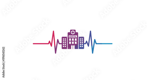 A colorful heartbeat line graph with a hospital building icon integrated into the center, Generative AI.