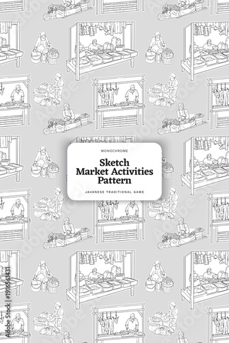 Market Activities Monochrome Pattern Outline Illustration