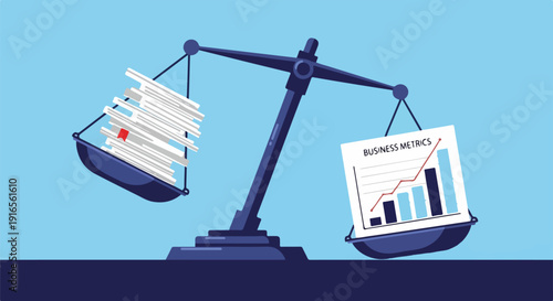 Business metrics on a scale outweighing a stack of papers, symbolizing data analysis and decision making