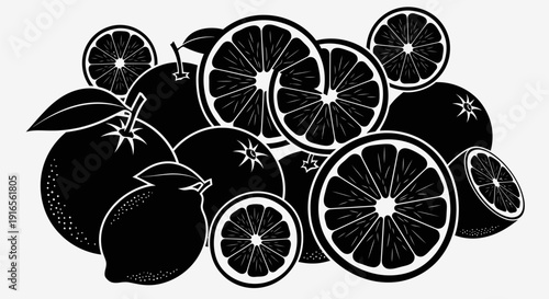 Assorted Citrus Fruits Illustration Black White.