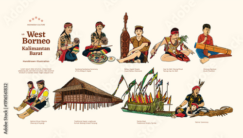Isolated West Borneo Culture Handdrawn Illustration