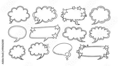Speech bubble set: An array of speech bubbles in various shapes, hand-drawn to symbolize thought, discussion, and communication. They're perfect for conveying ideas, messages.