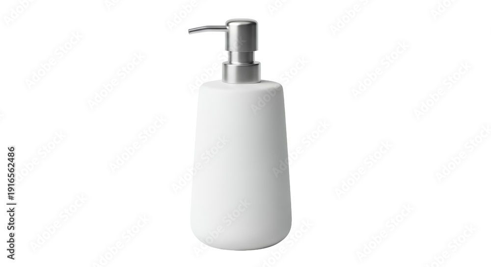 Fototapeta premium White ceramic liquid soap dispenser with silver pump, isolated on transparent background.