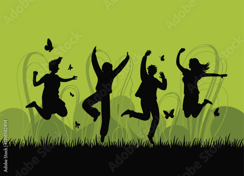 Joyful people jumping silhouette, green nature background, butterflies flying, abstract plants, happiness celebration, vitality freedom, outdoor lifestyle, energetic mood
