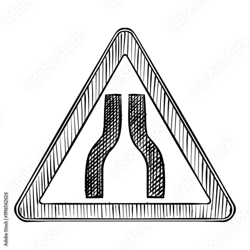 road narrows traffic sign vector line art hand drawn illustration