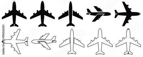 Airplane silhouettes and outlines in various orientations