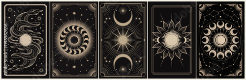 Elegant black and gold tarot card series featuring crescent moons, stars, and mystical symbols in flat vector style. Minimal, celestial design with a modern occult aesthetic.