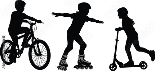 Black silhouette of children enjoying outdoor activities riding bicycle inline skating and steering kick scooter isolated on white background vector illustration.