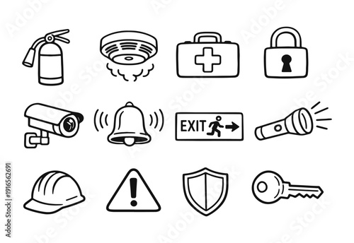 Safety and security hand-drawn outline icons set. Emergency protection doodle collection.