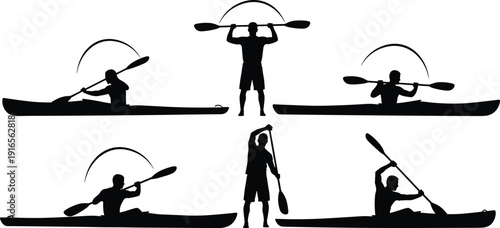 Set of black silhouette icons featuring men rowing kayaks and standing with paddles, water sports and outdoor activity vector symbols.