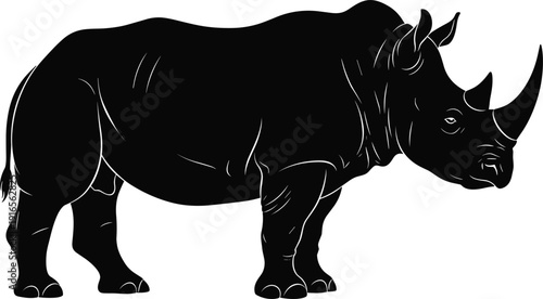Large black rhinoceros silhouette icon standing side view, wild african rhino animal vector symbol for nature and wildlife conservation design.