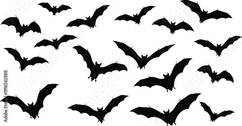 Set of black flying bat silhouettes with open wings, spooky nocturnal animal icons for Halloween and horror theme vector design.