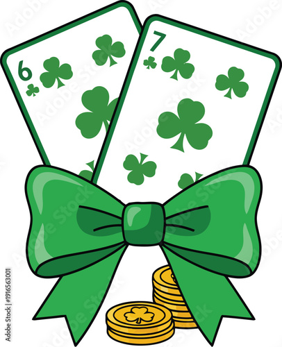 Saint Patricks Day Lucky Cards Bow Coins Vector