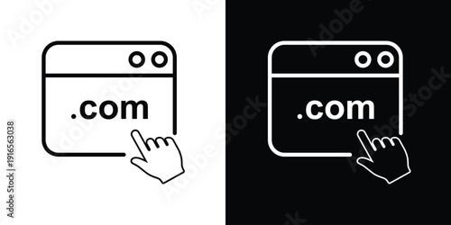 Internet browser interface with .com extension and hand cursor. Vector illustration for web development, hosting, and global domain services.