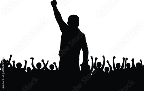 Leader silhouette raising fist before cheering crowd, protest motivation concept, unity power, success leadership, activism inspiration, people celebration illustration