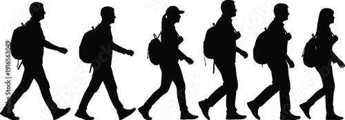 Set of people walking with backpacks silhouette, group of men and women hikers, students commuting, travel outdoors vector illustration, isolated
