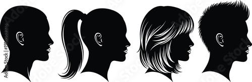 Collection of diverse hair silhouettes for men and women, various hairstyles including ponytail, spiky hair, bob cut, and bald head, vector