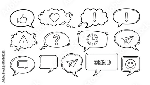 Communicating Thoughts: a collection of diverse thought bubbles filled with symbolic icons representing likes, love, questions, time, and more.