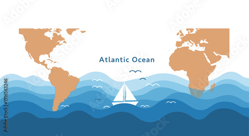 Sailboat Sailing Across Atlantic Ocean Waves.