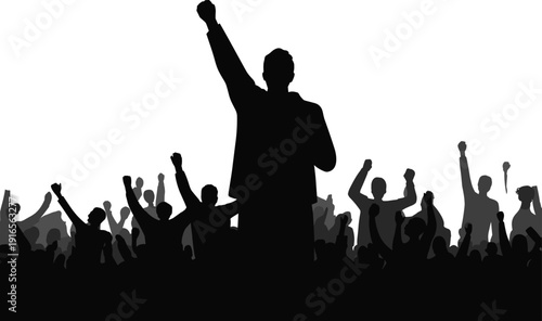 Leader silhouette raising fist over cheering crowd, motivation success concept, people power, unity leadership, protest inspiration, victory illustration