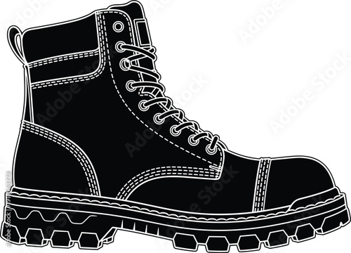 Heavy duty safety work boot vector illustration, industrial protective footwear for construction site, leather hiking boot silhouette with thick tread, black and white protective gear icon.