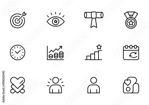 Collection of vector icons representing various goals and achievements in a minimalist design.