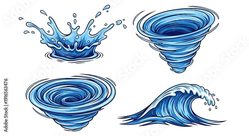 Illustration of water elements isolated on white background, including wave and vortex