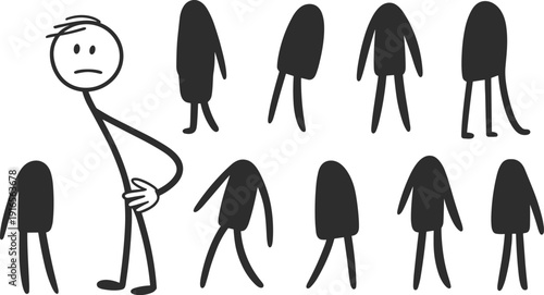 Lonely man standing out from faceless crowd, social anxiety and isolation concept illustration