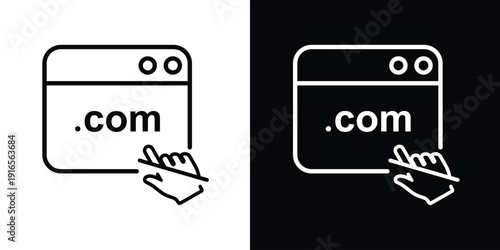 Web browser window showing .com domain with touch gesture. Icon for domain registration, commercial websites, and internet startups.