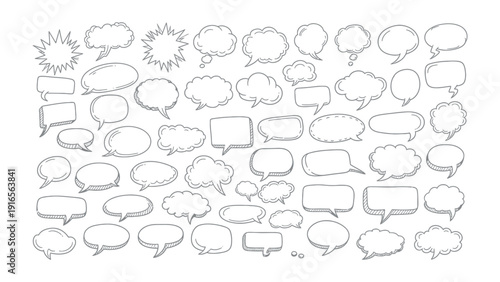 Conversation Bubbles Set: A collection of various hand-drawn speech bubbles, perfect for illustrating ideas, thoughts, and conversations. Offering a playful aesthetic for all communication needs.