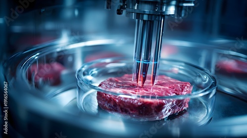 Lab-grown meat cultivated in a sleek, sterile bioreactor, food tech concept