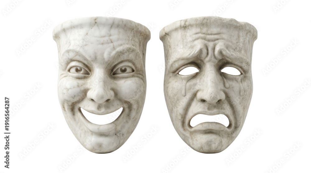 Obraz premium Isolated Theatrical Masks of Comedy and Tragedy tragedy, happy, drama, mask, theatre, isolated, comedy