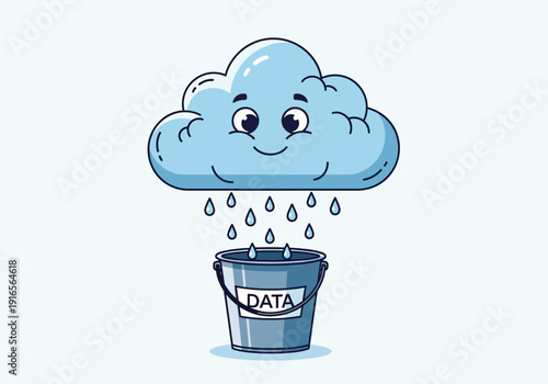 Cute Cloud Raining Data into Bucket Illustration.