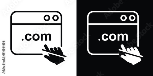 Web browser window showing .com domain with touch gesture. Icon for domain registration, commercial websites, and internet startups.