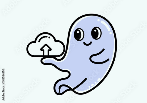 Cute Ghost Character Holding Cloud Upload Icon.